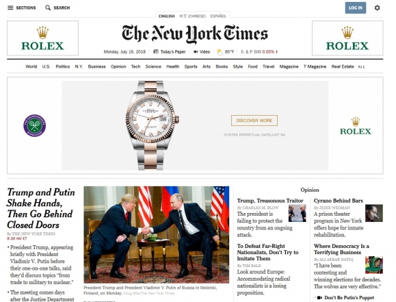 A New York Times online címlapja